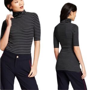 🩵A New Day Black Striped Elbow Sleeve Turtleneck Top Medium